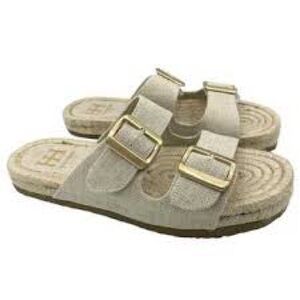 Haute Hippie Naomi espadrille slide sandals beige raffia gold-tone buckles 7.5 M